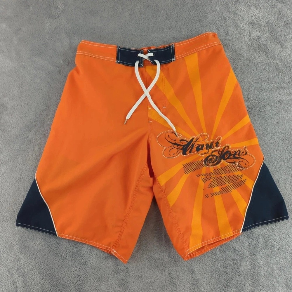 Maui and Sons Board Shorts Mens Medium Orange Navy‎ Blue Swim Trunks Graphic